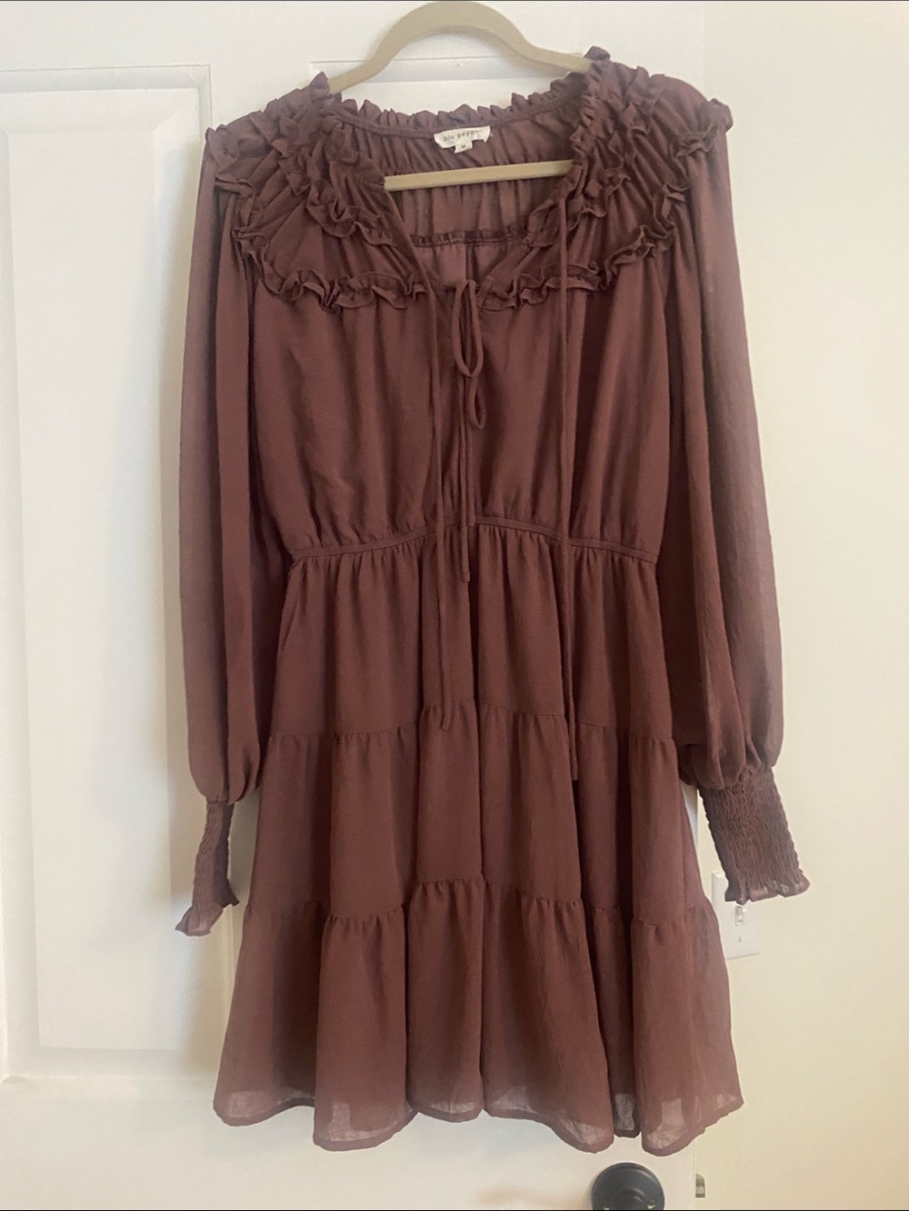 Blu Pepper Mauve Brown Long Sleeve Ruffle Tiered Mini Dress